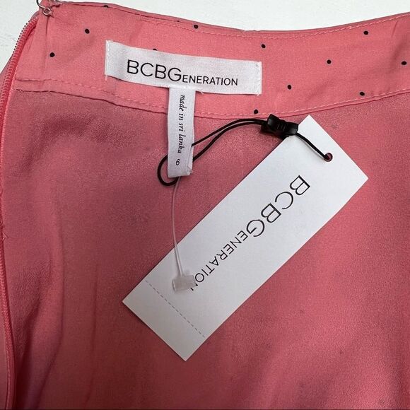 BCBGeneration Pink Black Ruched Asymmetrical Polka Dots Skirt Size 6 - Picture 7 of 10